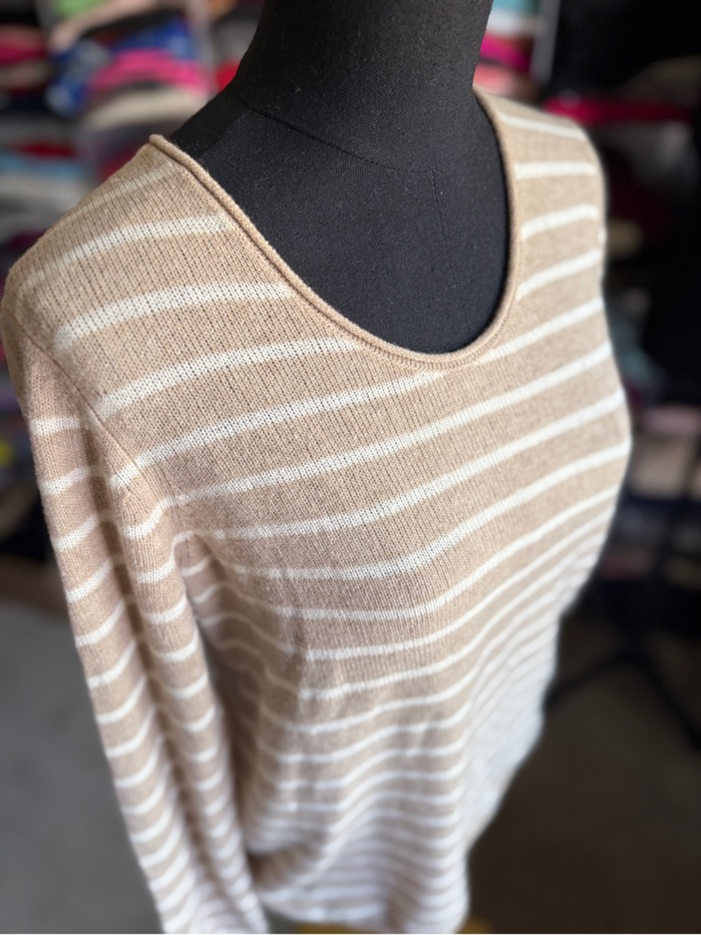 Uniqlo Beige and White Striped Scoop Neck Sweater